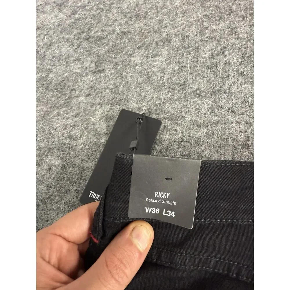 True Religion Jeans Mens 36x34 Ricky Flap Relaxed Straight Black Denim Pant N113